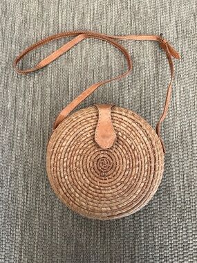 Boho Rattan Round Basket and Leather Tan Crossbody Shoulder Bag
